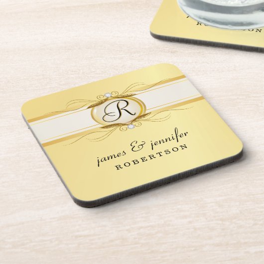 モノグラムのファンシーなヴィンテージの金ゴールドのコースターセット コースター (左側)