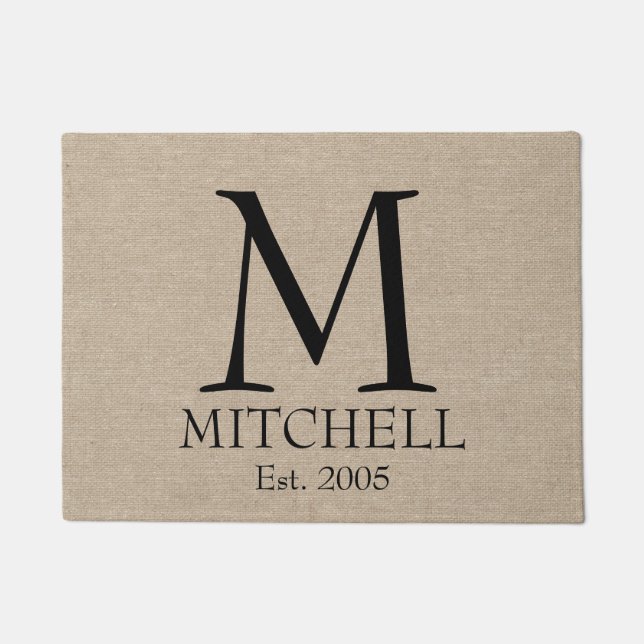 モノグラムのフェイクなリネンバーラップの素朴な上品のイニシャルの突起 ドアマット (正面)