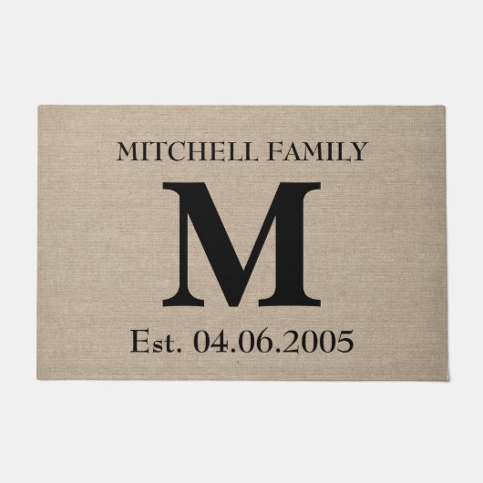 モノグラムのフェイクなリネンバーラップの素朴な最初の結婚式 ドアマット (正面)