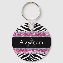 モノグラムのフェイクグリッターきらきら光るゼブラガールズ名ID キーホルダー