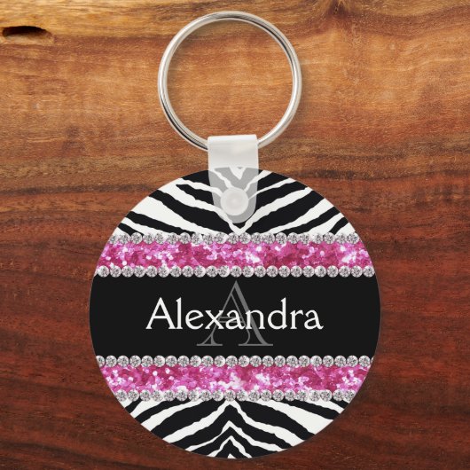 モノグラムのフェイクグリッターきらきら光るゼブラガールズ名ID キーホルダー (正面)