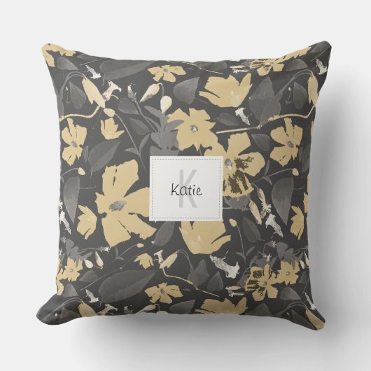 モノグラムのフェミニン金ゴールド灰色の花柄 クッション (正面)