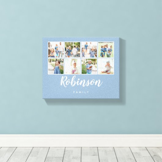 モノグラムのフォトファミリーコラージュ淡い青 キャンバスプリント (インサイチュ (ウッドフロア))