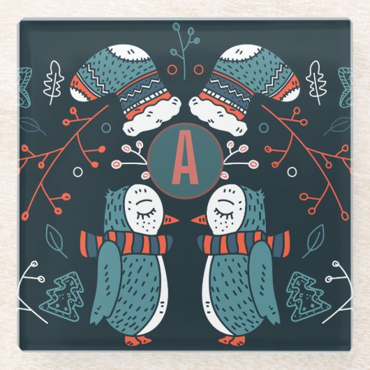 モノグラムのフォークアートクリスマスブルーレッドフールズツリー ガラスコースター (正面)