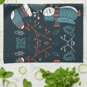 モノグラムのフォークアートクリスマスブルーレッドフールズツリー キッチンタオル (折り畳み)