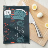 モノグラムのフォークアートクリスマスブルーレッドフールズツリー キッチンタオル (四つ折り)