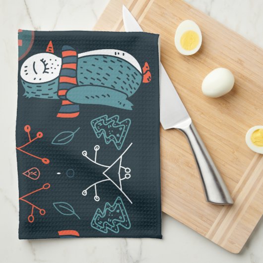 モノグラムのフォークアートクリスマスブルーレッドフールズツリー キッチンタオル (四つ折り)