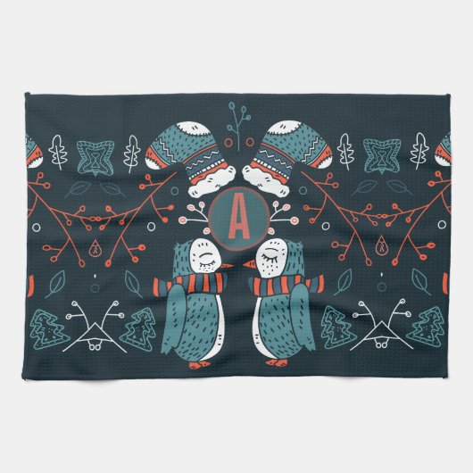 モノグラムのフォークアートクリスマスブルーレッドフールズツリー キッチンタオル (横)