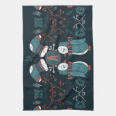 モノグラムのフォークアートクリスマスブルーレッドフールズツリー キッチンタオル (縦)