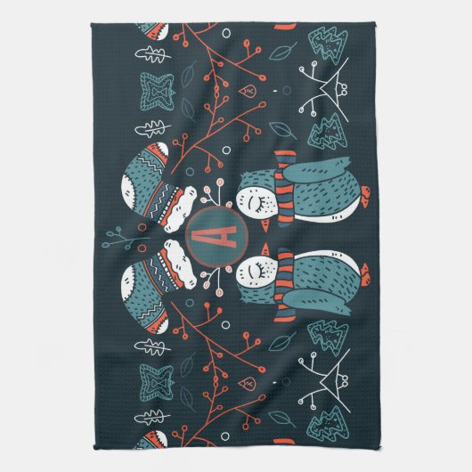 モノグラムのフォークアートクリスマスブルーレッドフールズツリー キッチンタオル (縦)