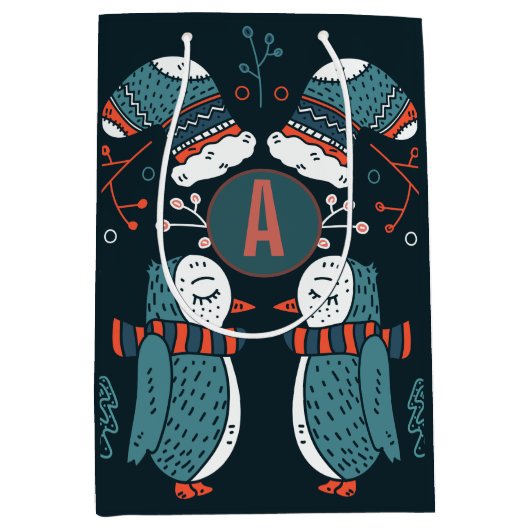 モノグラムのフォークアートクリスマスブルーレッドフールズツリー ミディアムペーパーバッグ (正面)