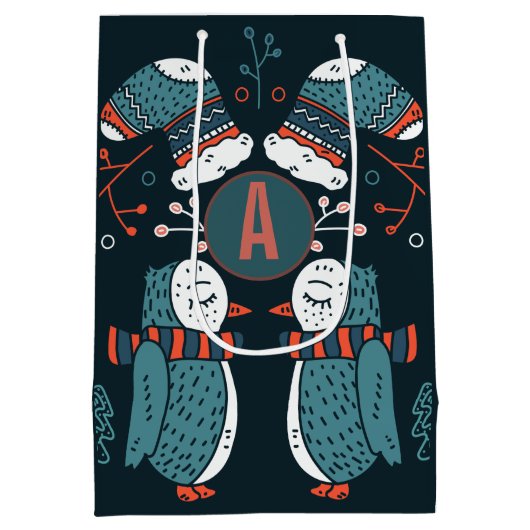 モノグラムのフォークアートクリスマスブルーレッドフールズツリー ミディアムペーパーバッグ (裏面)