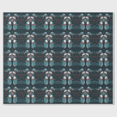 モノグラムのフォークアートクリスマスブルーレッドフールズツリー ラッピングペーパー (フラット)