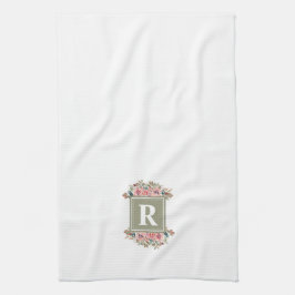 モノグラムのフローラセージ緑と白エレガント キッチンタオル