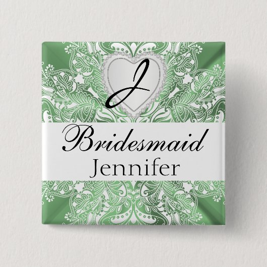 モノグラムのブライダルパーティのミントの緑のサテンのデザイン 缶バッジ (正面)