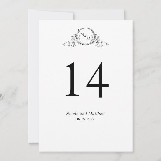 モノグラムのブラックとホワイトの結婚式テーブルナンバー (裏面)
