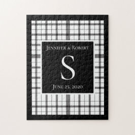 モノグラムのブラック＆ホワイトのチェック柄のウェディング ジグソーパズル