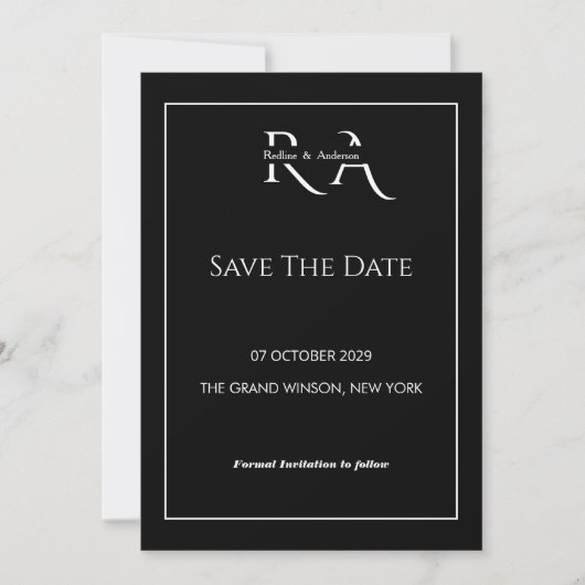 モノグラムのブラック＆ホワイトのミニマリストSave the Date 招待状 (正面)