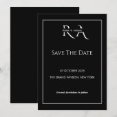 モノグラムのブラック＆ホワイトのミニマリストSave the Date 招待状 (正面/裏面)