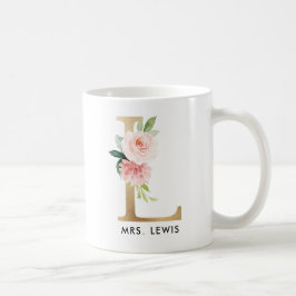 モノグラムのマグ、花のモノグラムLのカスタムなギフト、金ゴールド コーヒーマグカップ