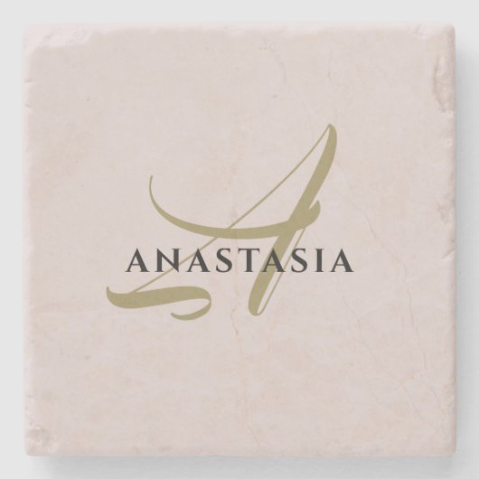 モノグラムのミニマルなパステル赤面ピンク金ゴールドブラック ストーンコースター (正面)