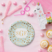 モノグラムのミントブルーと金ゴールドグリッタードット ペーパープレート (パーティー)