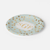 モノグラムのミントブルーと金ゴールドグリッタードット ペーパープレート (アングル)