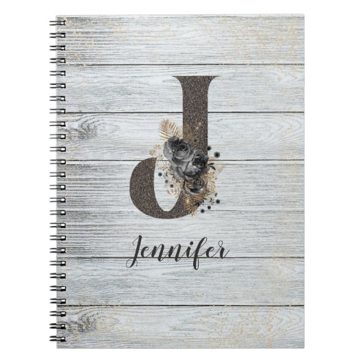 モノグラムのモダンエレガントゴシックブラックバラJ ノートブック (正面)