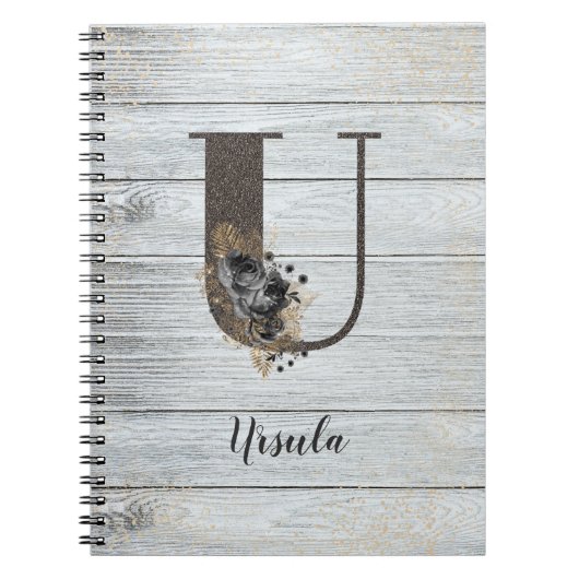 モノグラムのモダンエレガントゴシックブラックバラUノートブ ノートブック (正面)