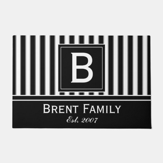 モノグラムのモダンストライプなパターンマット、白黒 ドアマット (正面)