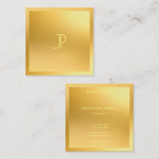 モノグラムのモダン金ゴールドエレガントトレンディーテンプレート スクエア名刺 (正面/裏面)
