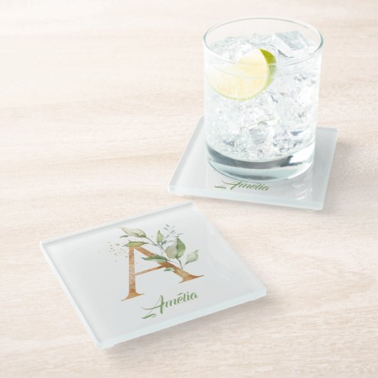 モノグラムのユーカリフェイク金ゴールド箔 ガラスコースター (アングル)