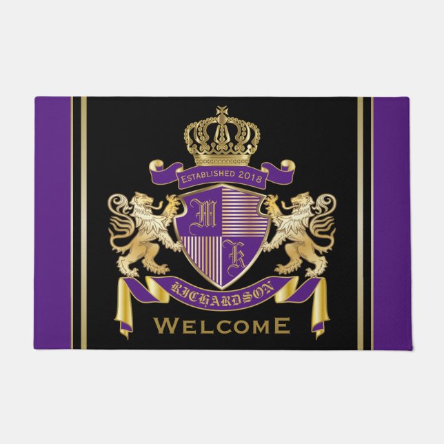 モノグラムのライオンの紋章あなた自身の紋章付き外衣を作成して下さい ドアマット (正面)