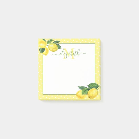 モノグラムのレモン素朴な田舎の水色水玉模様 ポストイット (正面)