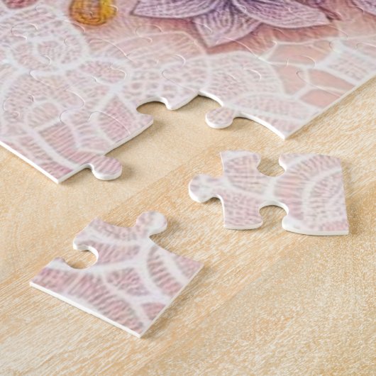 モノグラムのレースフローラピンクの黄色のオレンジ色のヒマワリ ジグソーパズル (側面)