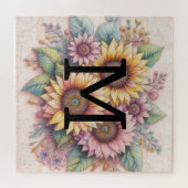 モノグラムのレースフローラピンクの黄色のオレンジ色のヒマワリ ジグソーパズル (横)