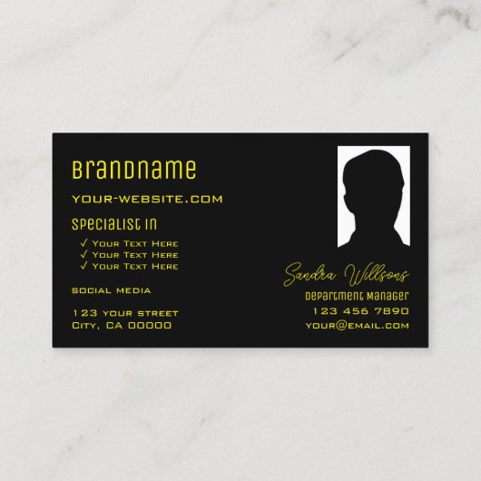 モノグラムのロゴと写真と印象的な黄色の黒 名刺 (裏面)