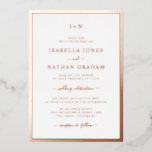 モノグラムのローズゴールドの結婚式 箔招待状<br><div class="desc">シンプルでエレガント、そしてスタイリッシュなこのフォーマルな結婚式の招待状は、クラシックなボーダー、 新婦と新郎のモノグラム、そして本物のローズゴールドの箔押しで印刷されたエレガントなカリグラフィー スクリプトが特徴です。</div>