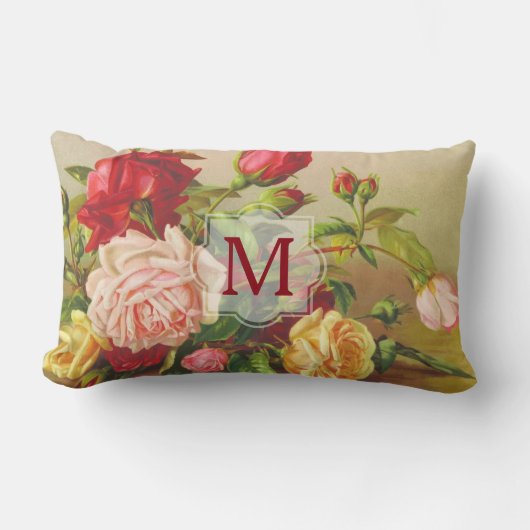 モノグラムのヴィンテージのビクトリアンなバラの花束の花 ランバークッション (正面)