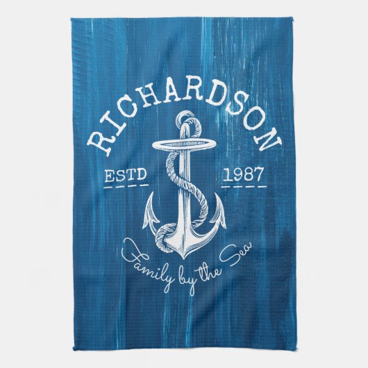 モノグラムのヴィンテージの航海のないかりの青く色彩の鮮やかな木 キッチンタオル (縦)