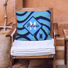 モノグラムのヴィンテージネイビーブルー&ティール(緑がかった色)サイケデリック クッション