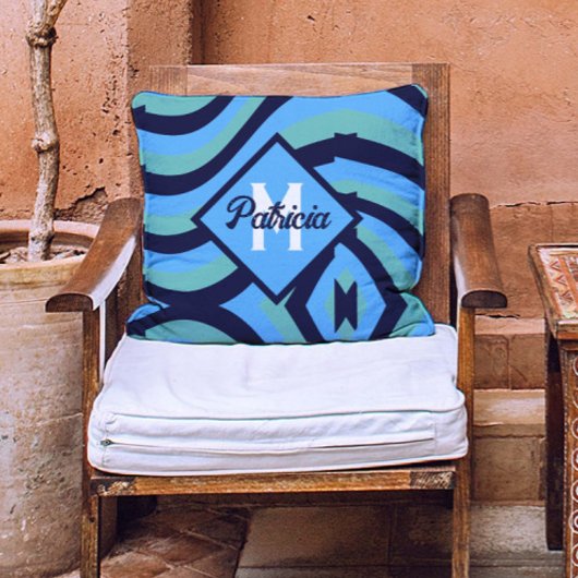 モノグラムのヴィンテージネイビーブルー&ティール（緑がかった色）サイケデリック クッション