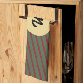 モノグラムのヴィンテージレッドとグリーンのストライプパターン キッチンタオル