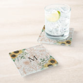 モノグラムのヴィンテージ素朴ひまわり ガラスコースター (アングル)