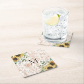 モノグラムのヴィンテージ素朴ひまわり スクエアペーパーコースター (インサイチュ)