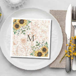 モノグラムのヴィンテージ素朴ひまわり スタンダードカクテルナプキン