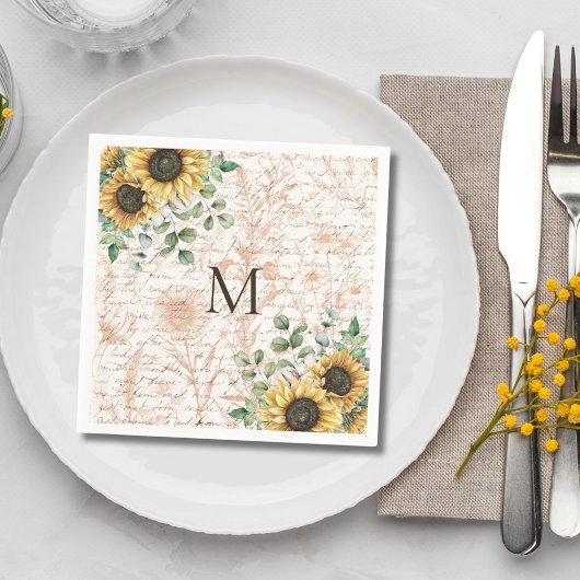 モノグラムのヴィンテージ素朴ひまわり スタンダードカクテルナプキン