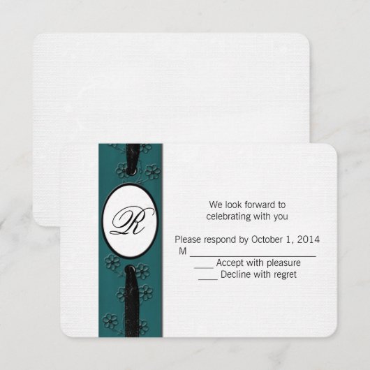 モノグラムの付いたリボンの返信カード 招待状 (正面/裏面)