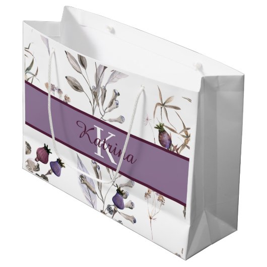 モノグラムの入った水彩花柄ギフトバッグ ラージペーパーバッグ (正面アングル)