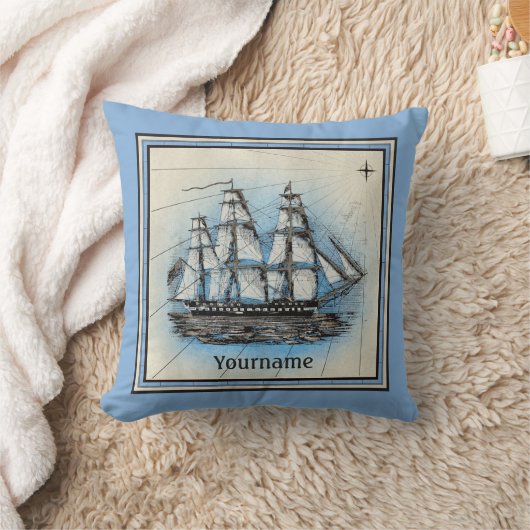 モノグラムの古い船のヴィンテージの青く航海のなコンパス クッション (ブランケット)